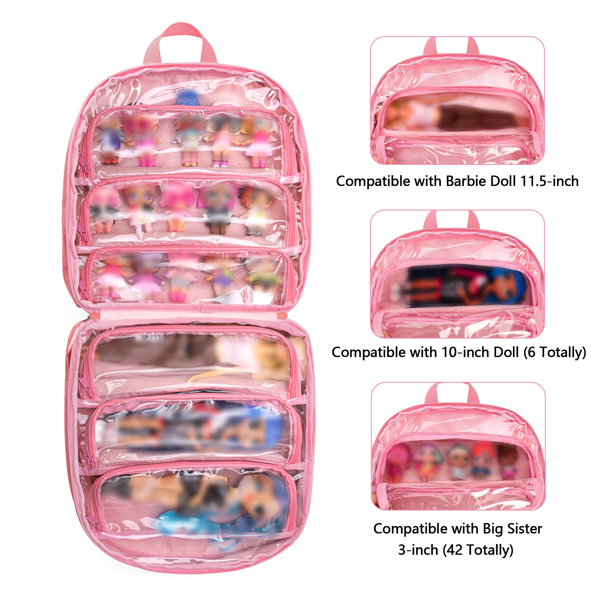 Doll organizer with six clear pockets for visible storage of accessories.
