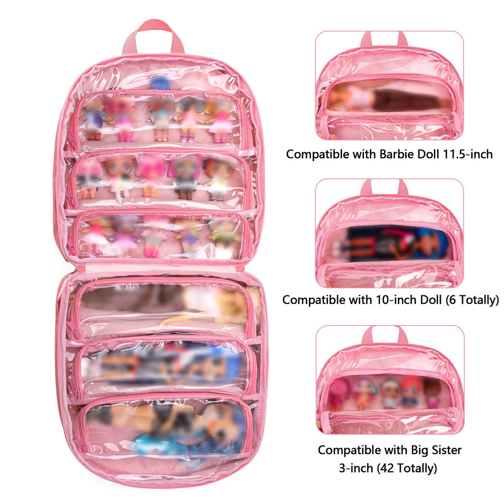 Doll organizer with six clear pockets for visible storage of accessories.