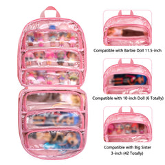 Doll organizer with six clear pockets for visible storage of accessories.