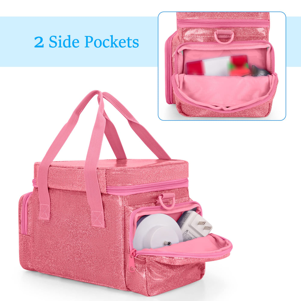 Side pockets of LoDrid case holding chargers and accessories