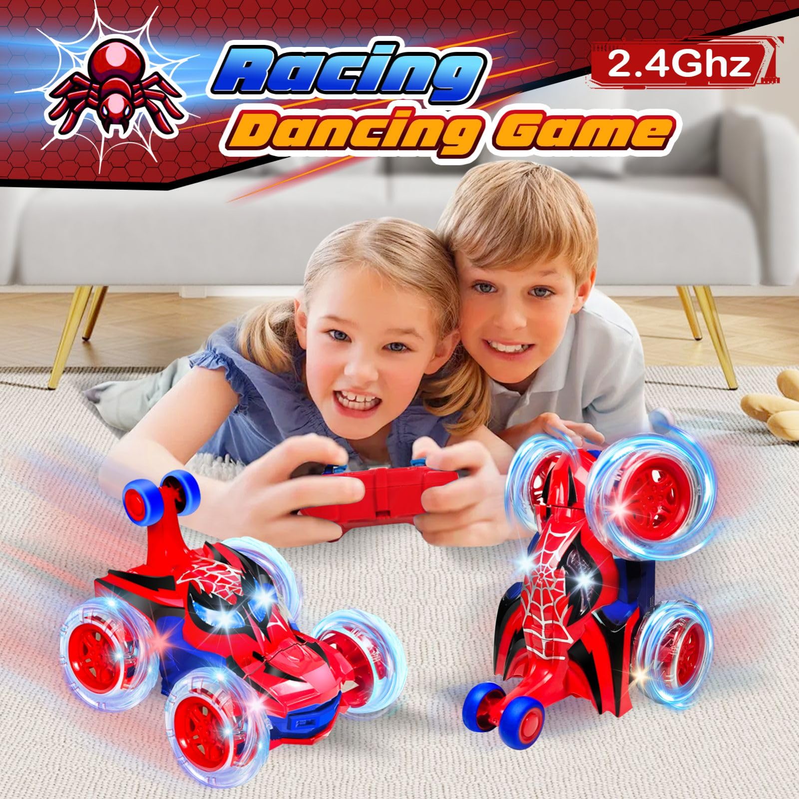 Logth Spider RC Car top view with LED accents for indoor play