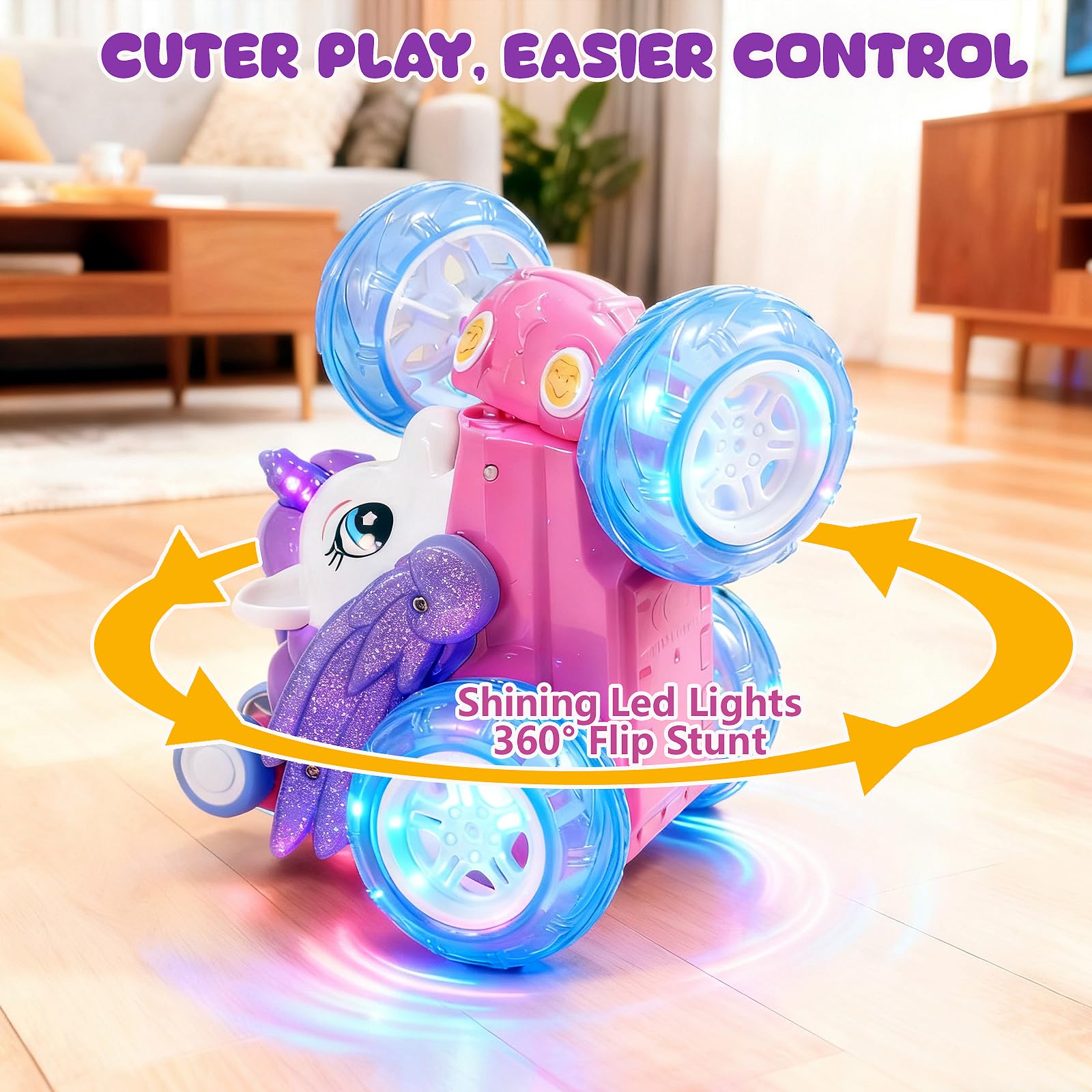 Logth Unicorn RC Car performing a 360° spin during a pretend race.