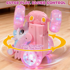 Child holding the Logth Unicorn RC Car with easy controls.