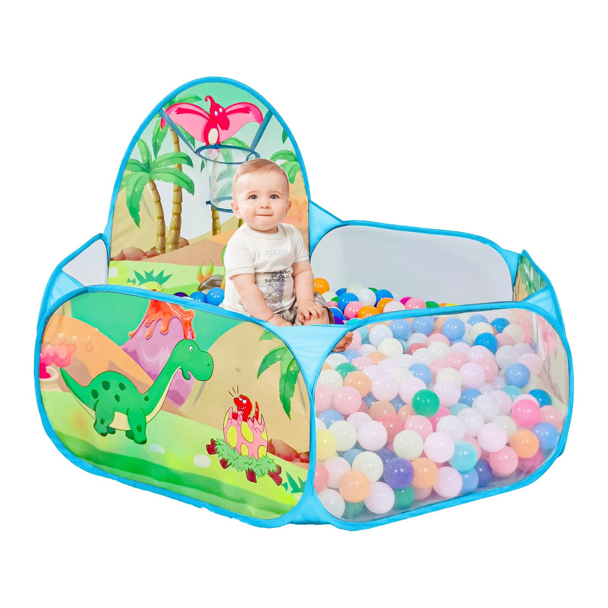 LOJETON dinosaur world ball pit assembly shows durable seams for safe play