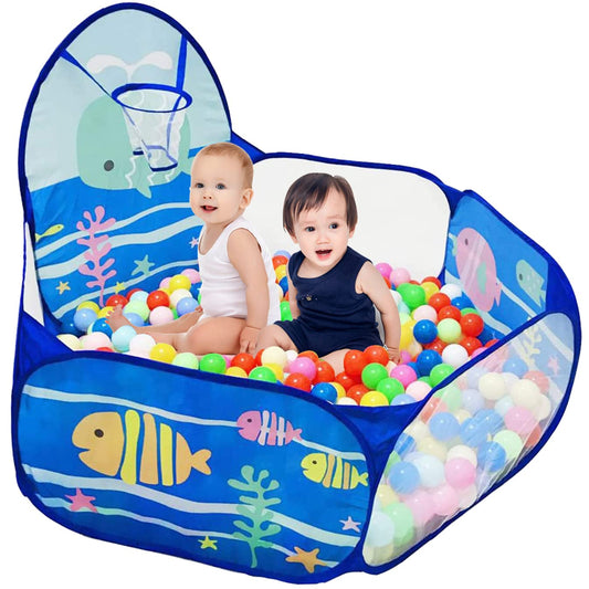LOJETON Kids Ball Pit with basketball hoop in ocean design enhances hand-eye coordination during play