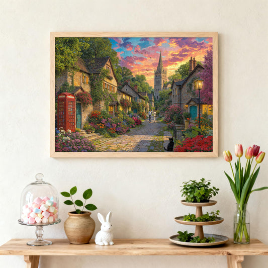 LOJETON Sunset village church puzzle highlights cobblestone paths and pink clouds for cozy evenings