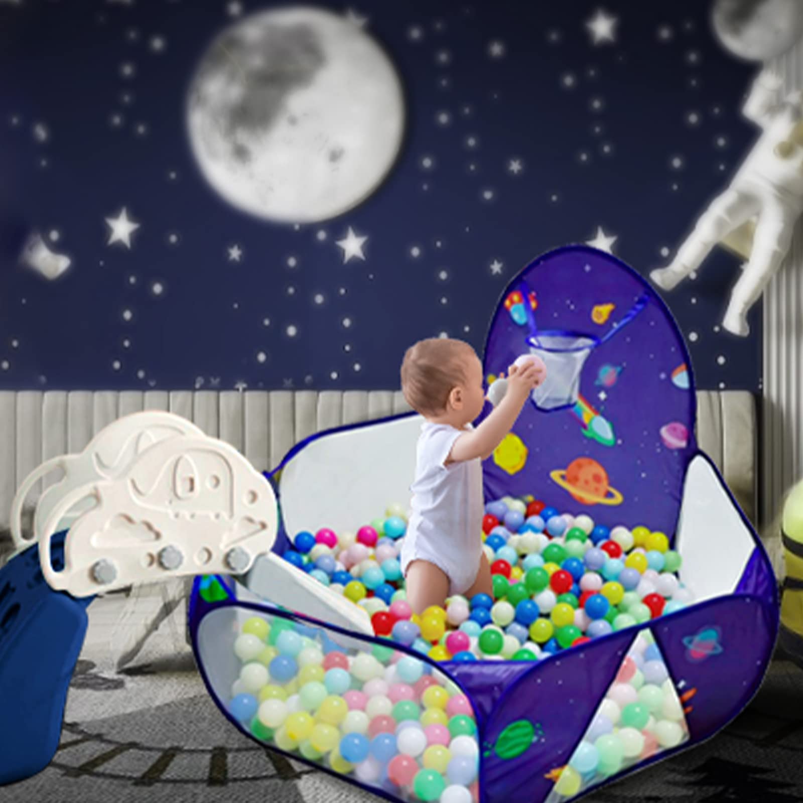 LOJETON space-themed ball pit with clear mesh net for visibility and safety
