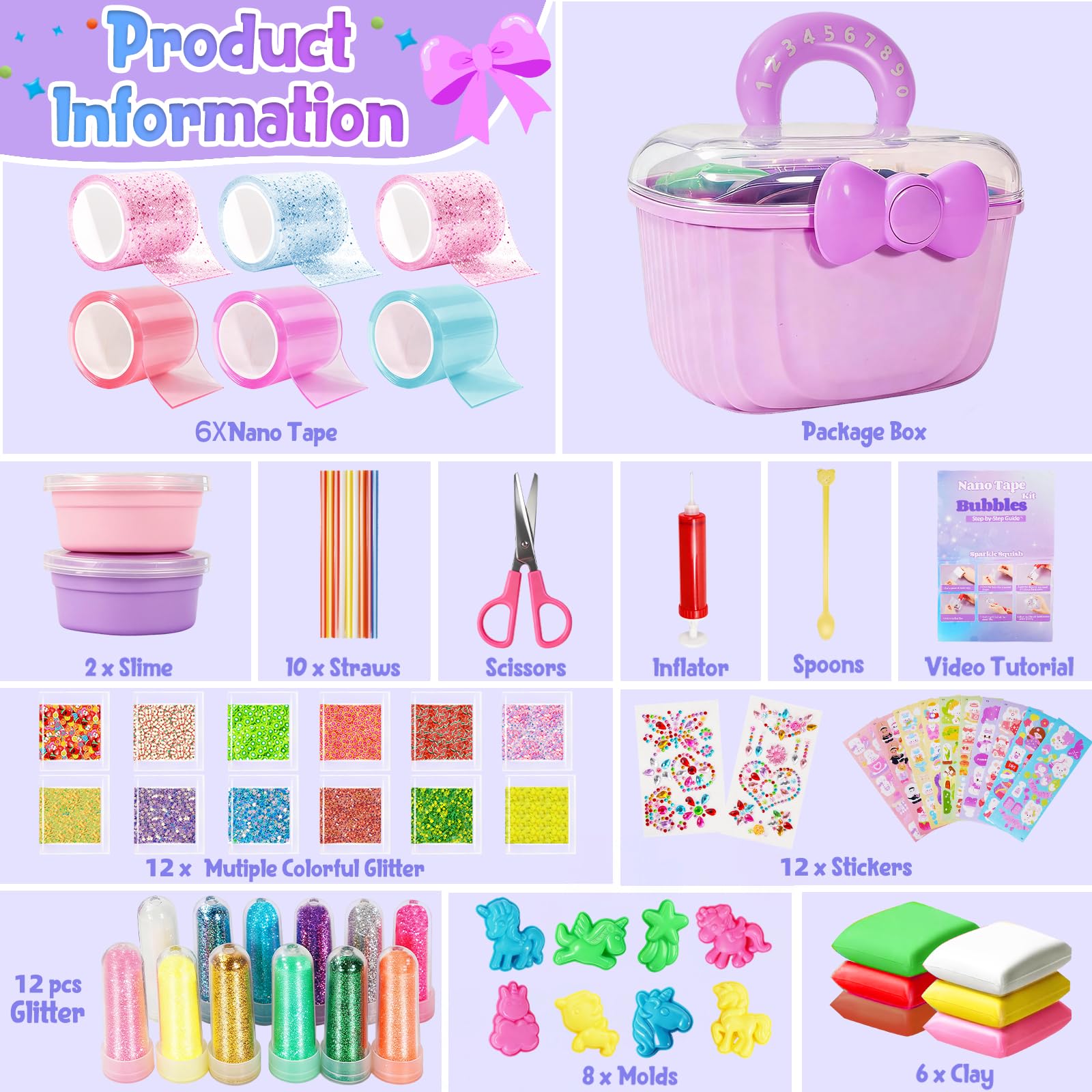 Lokuc Nano Tape Bubble Kit components showcase slimes, decorations, and tools for DIY fun.