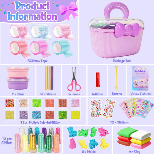 Lokuc Nano Tape Bubble Kit components showcase slimes, decorations, and tools for DIY fun.