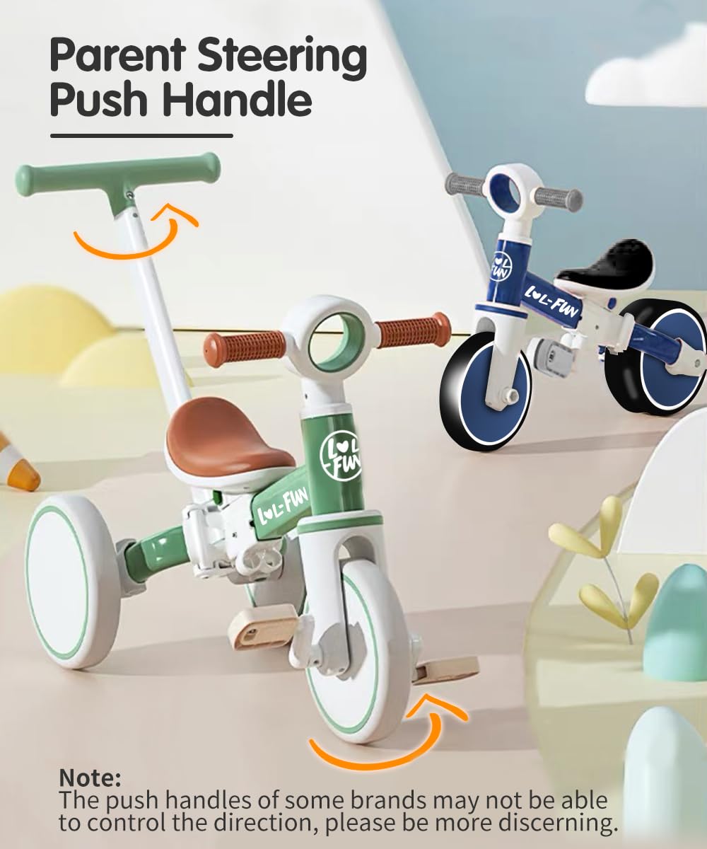 LOL-FUN 5-in-1 toddler tricycle side view highlights mode versatility for growing riders.