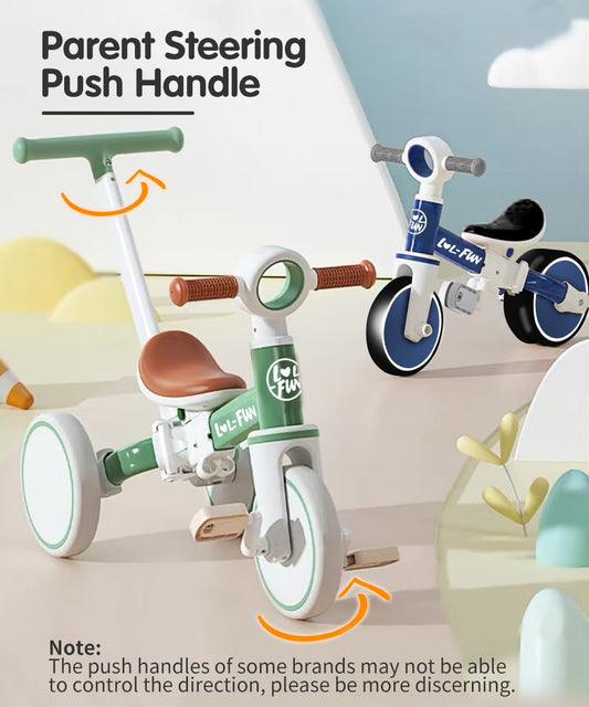 LOL-FUN 5-in-1 toddler tricycle side view highlights mode versatility for growing riders.