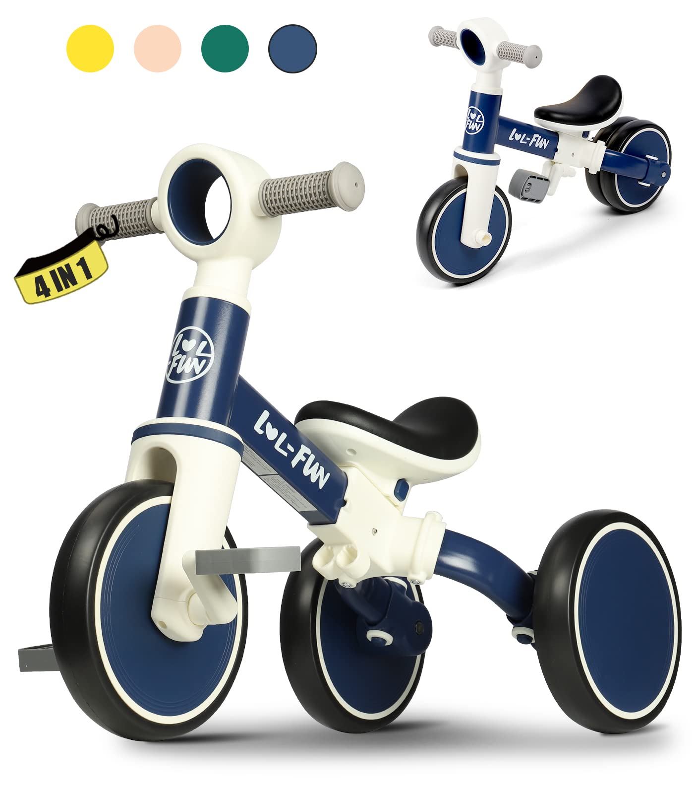 LOL-FUN baby balance bike front view showing sturdy frame for safe indoor and outdoor play.