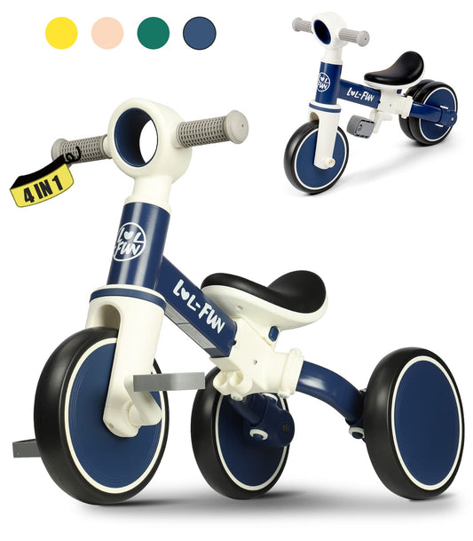 LOL-FUN baby balance bike front view showing sturdy frame for safe indoor and outdoor play.