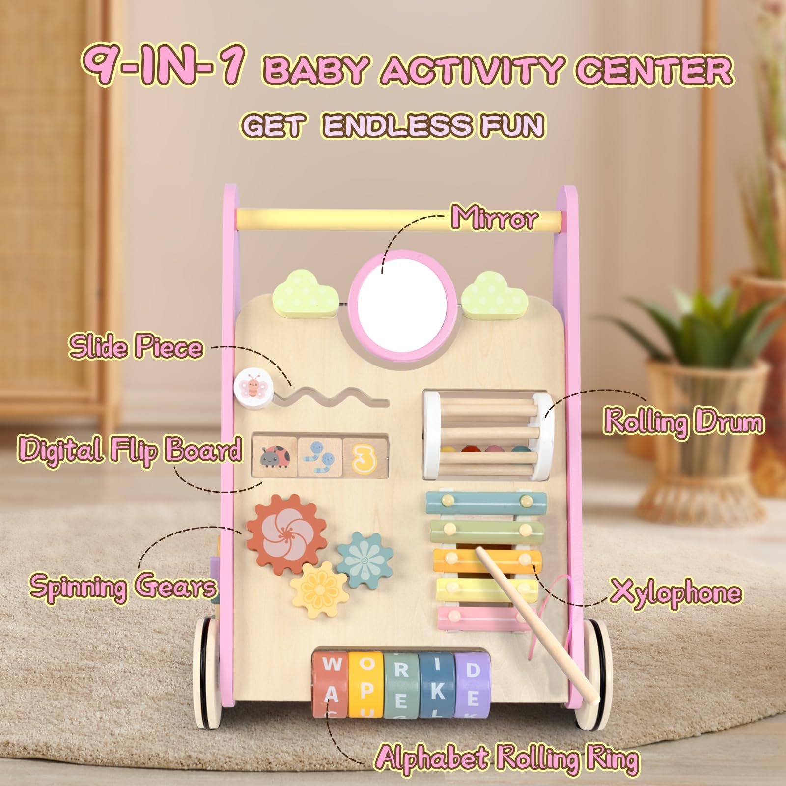 LOL-FUN wooden walker with 9-in-1 activity center sparks sensory play
