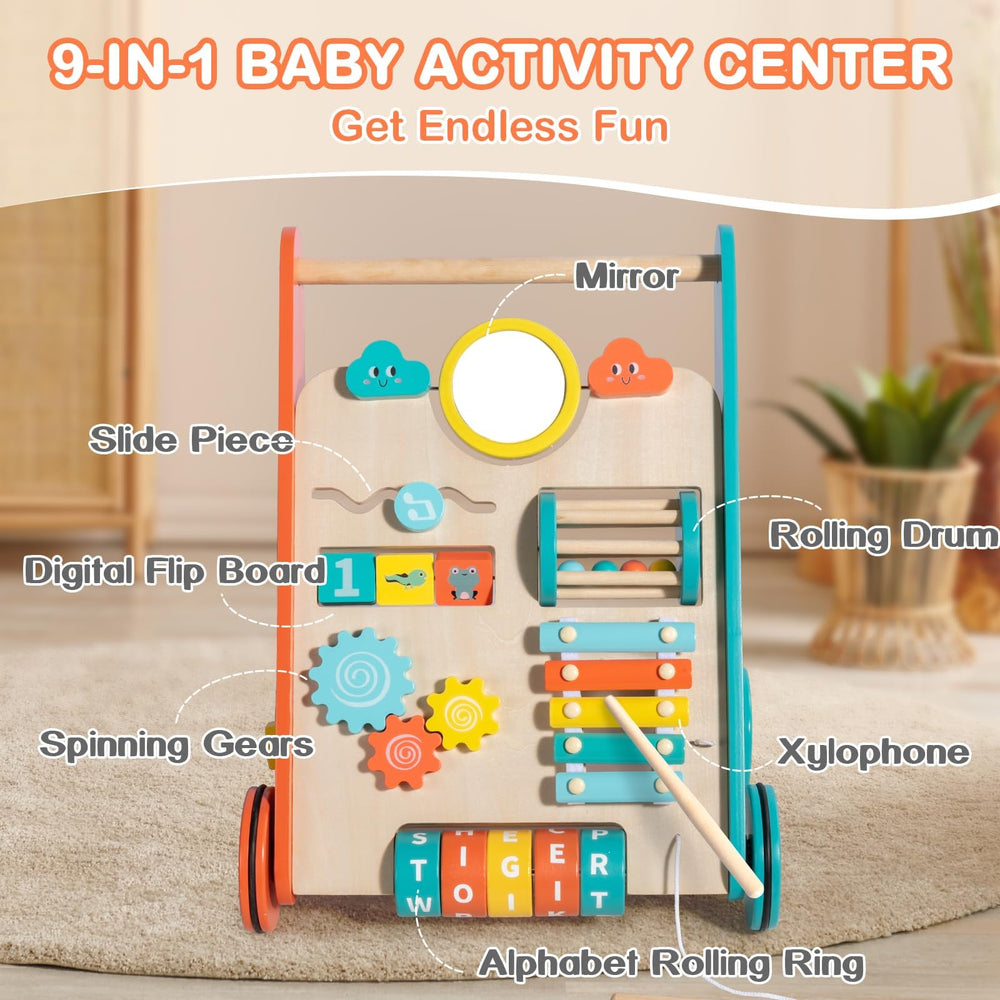 LOL-FUN wooden baby walker with activity center engages babies in exploration.