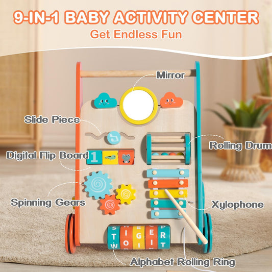 LOL-FUN wooden baby walker with activity center engages babies in exploration.
