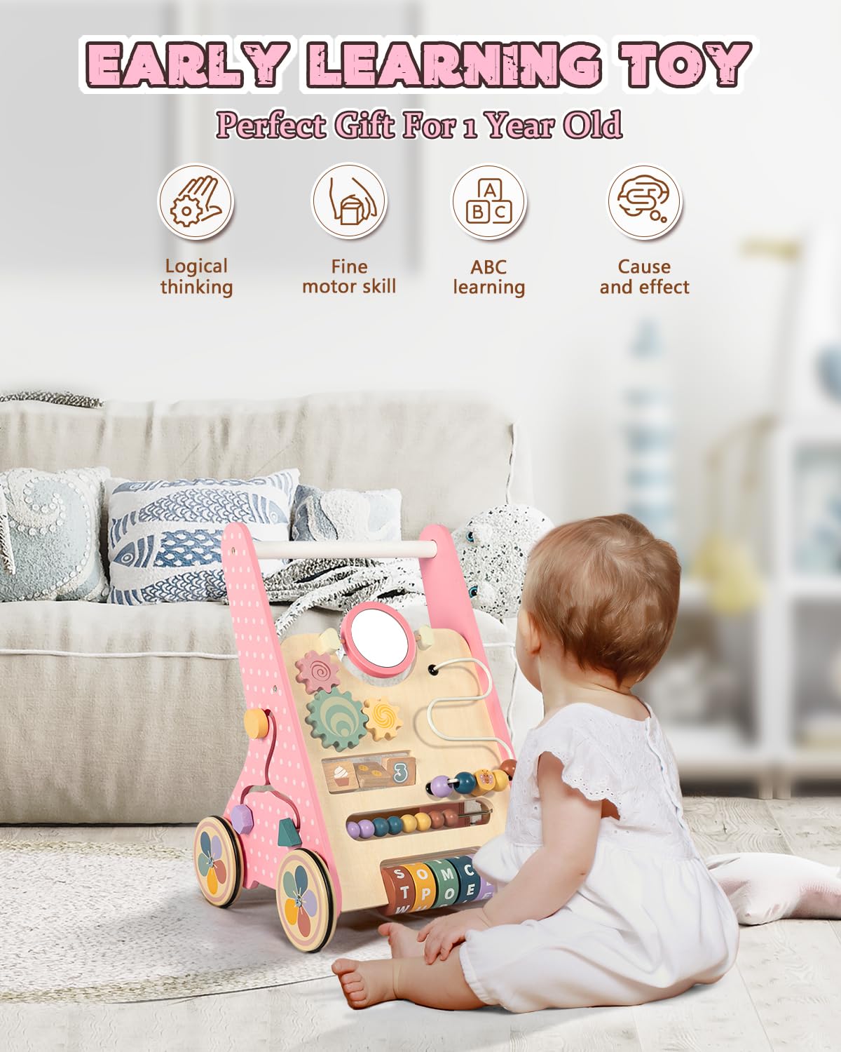 LOL-FUN wooden baby walker engaging 8-in-1 activity center sparks fine motor skills exploration.