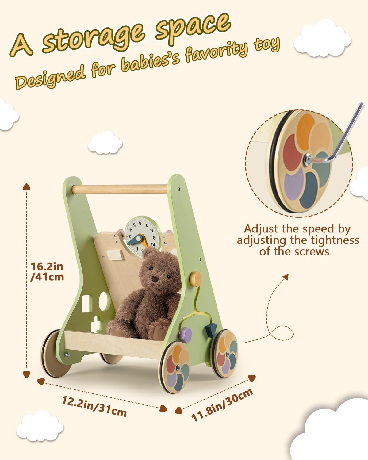 LOL-FUN wooden baby walker activity gears close-up showing sensory play.