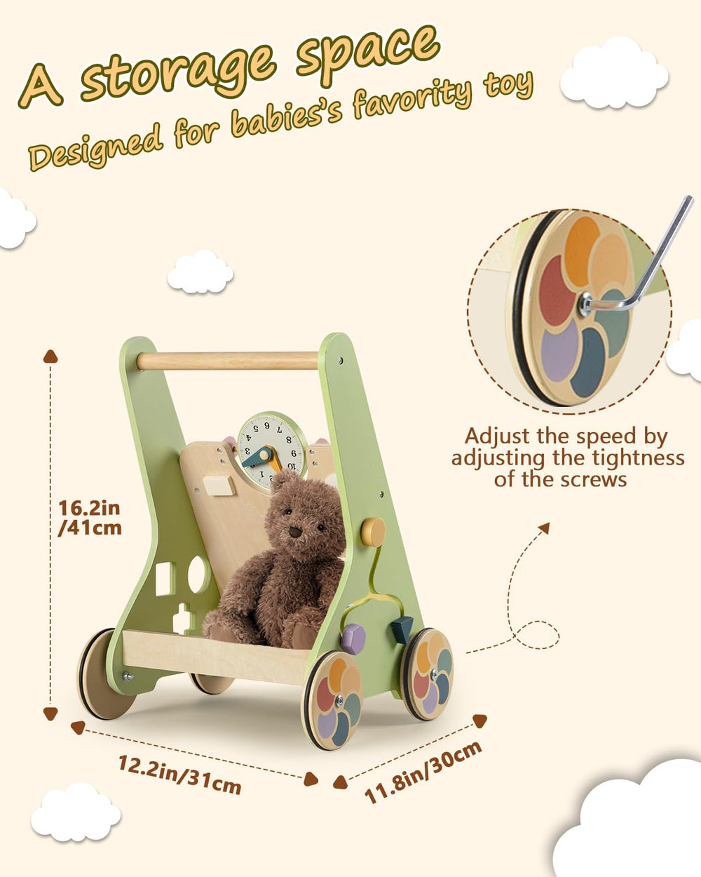 LOL-FUN wooden baby walker activity gears close-up showing sensory play.