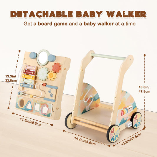 LOL-FUN wooden baby walker features adjustable speed wheels for growing pace.
