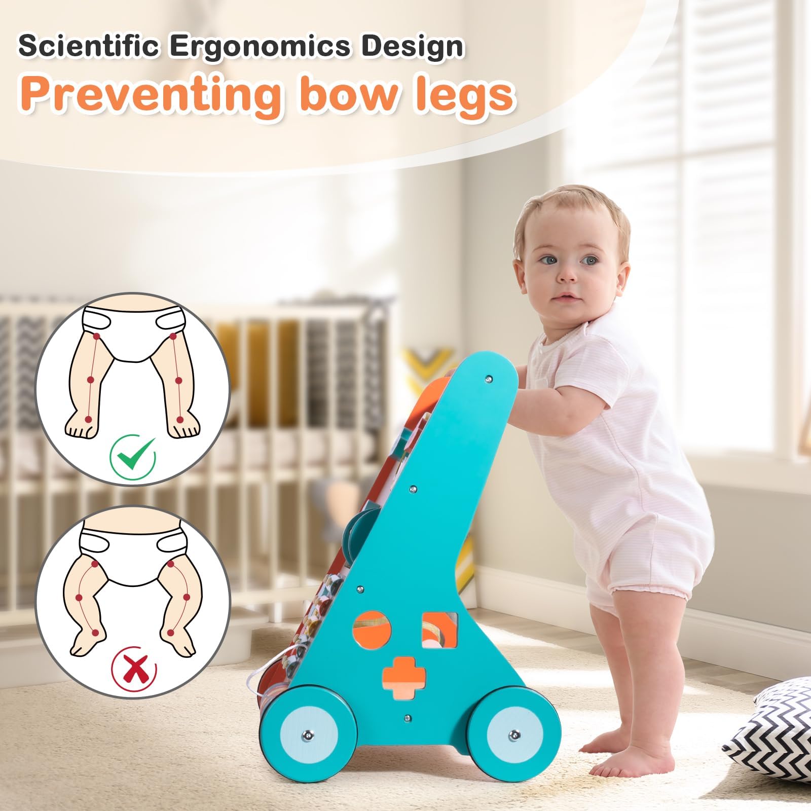 LOL-FUN wooden baby walker back storage for favorite toys during play.