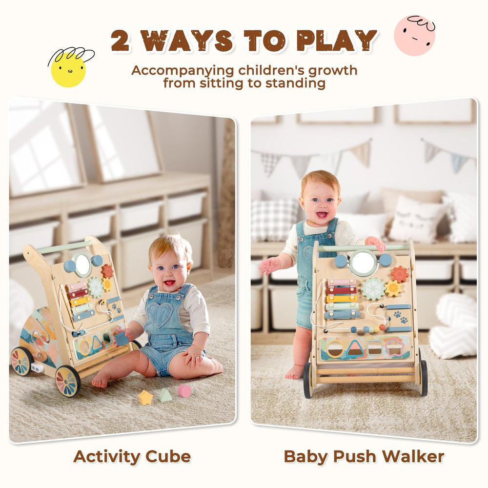 LOL-FUN wooden walker includes bead maze and shape sorter for problem-solving.