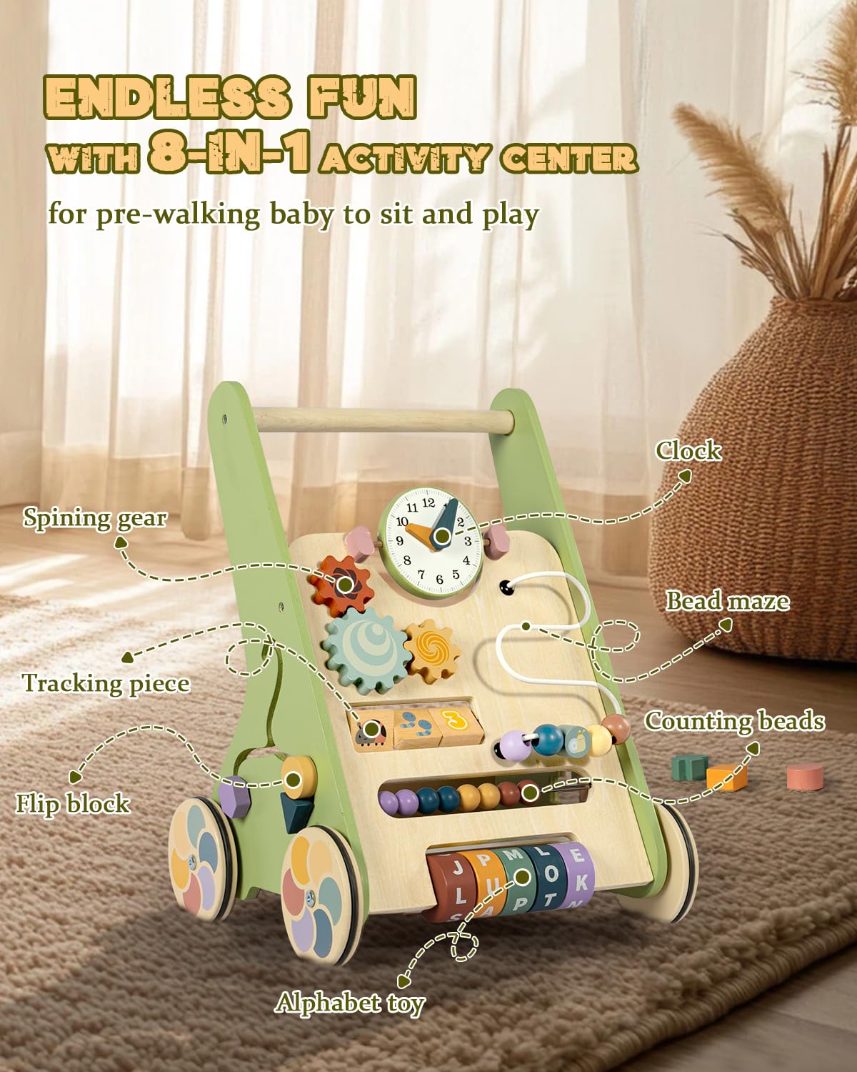 LOL-FUN wooden baby walker bead maze feature in action.