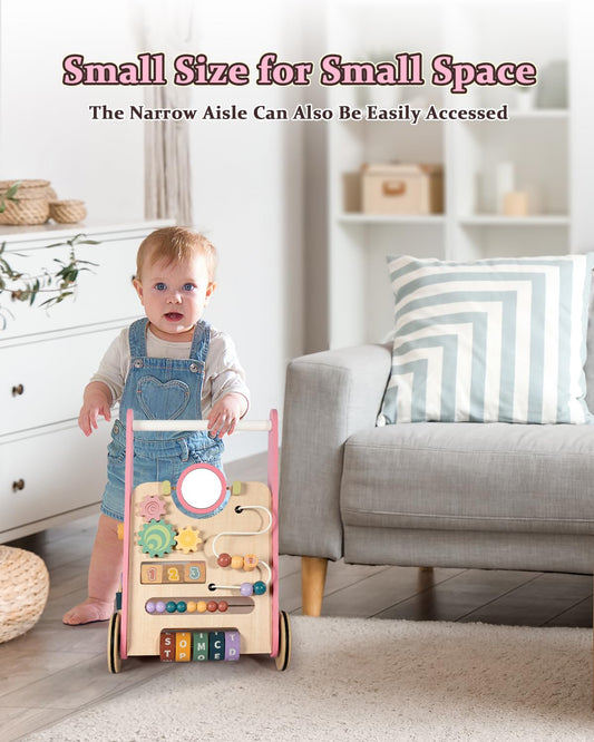 LOL-FUN wooden baby walker compact design fits small spaces and multi-room layouts.
