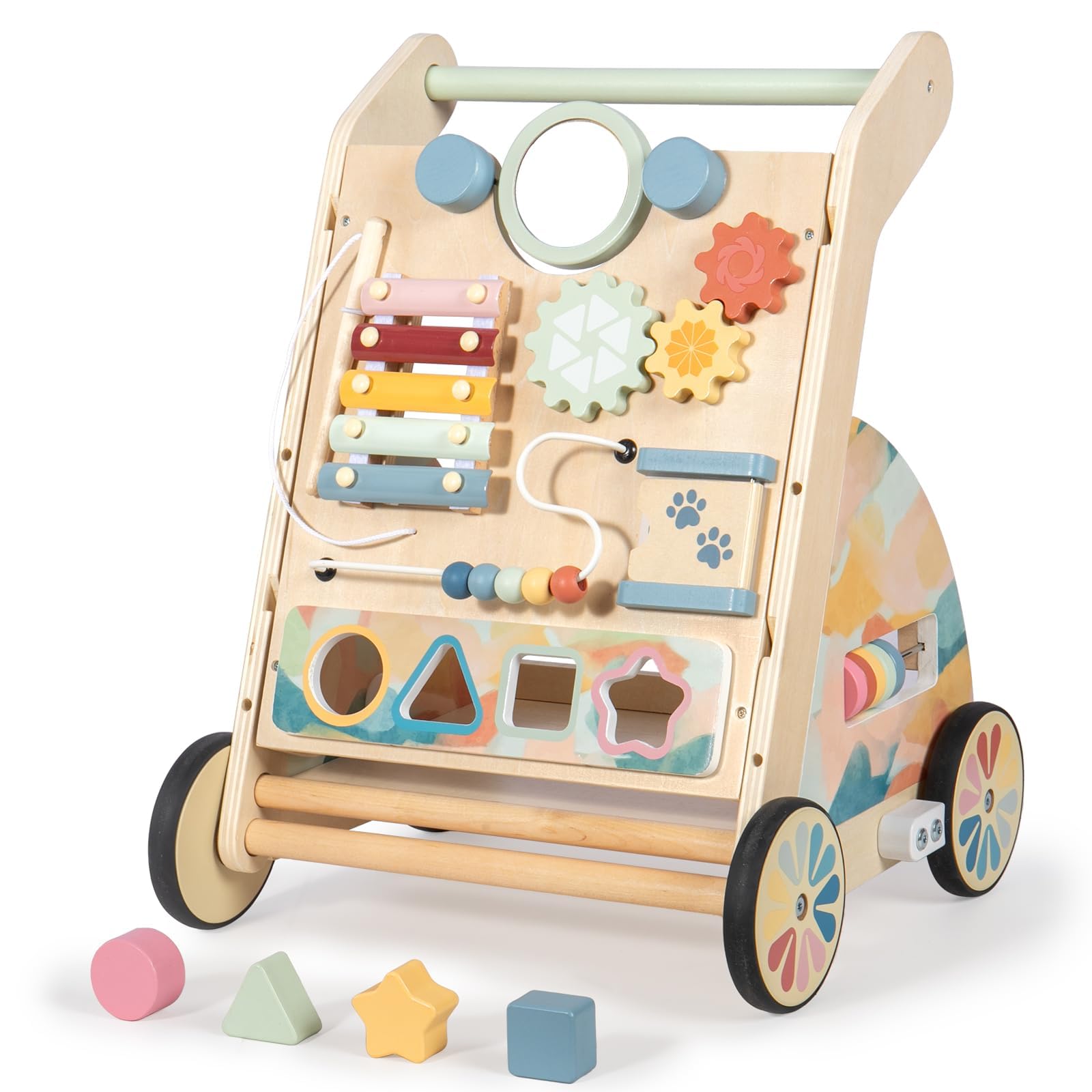 LOL-FUN wooden baby walker with detachable busy board aids seated play and exploration.