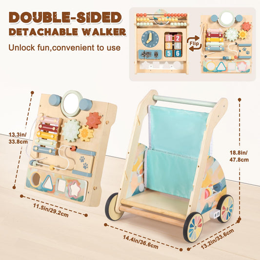 LOL-FUN wooden walker with detachable double-sided activity panel for learning.