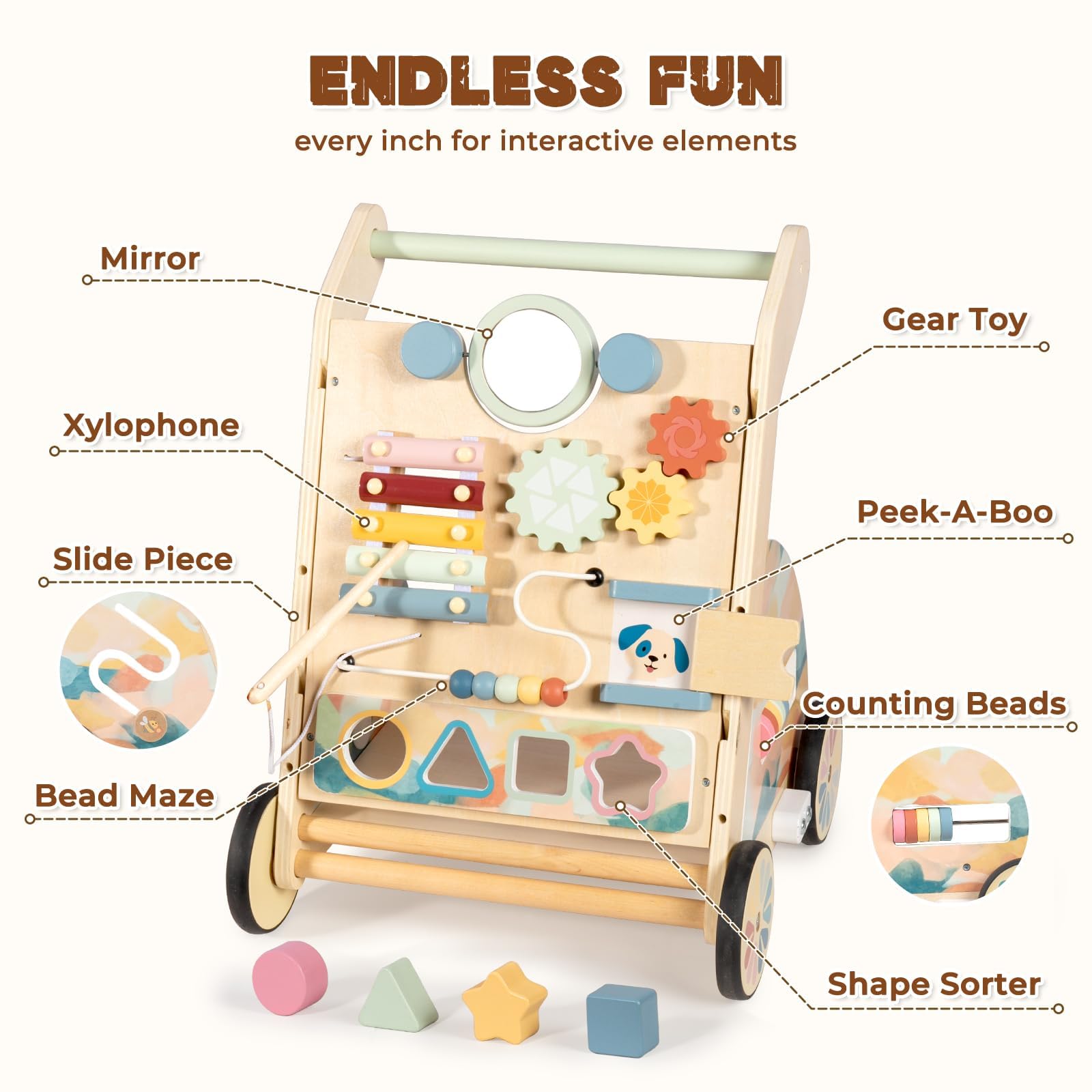 LOL-FUN walker with mirror, gear toy, and xylophone boosts sensory exploration.