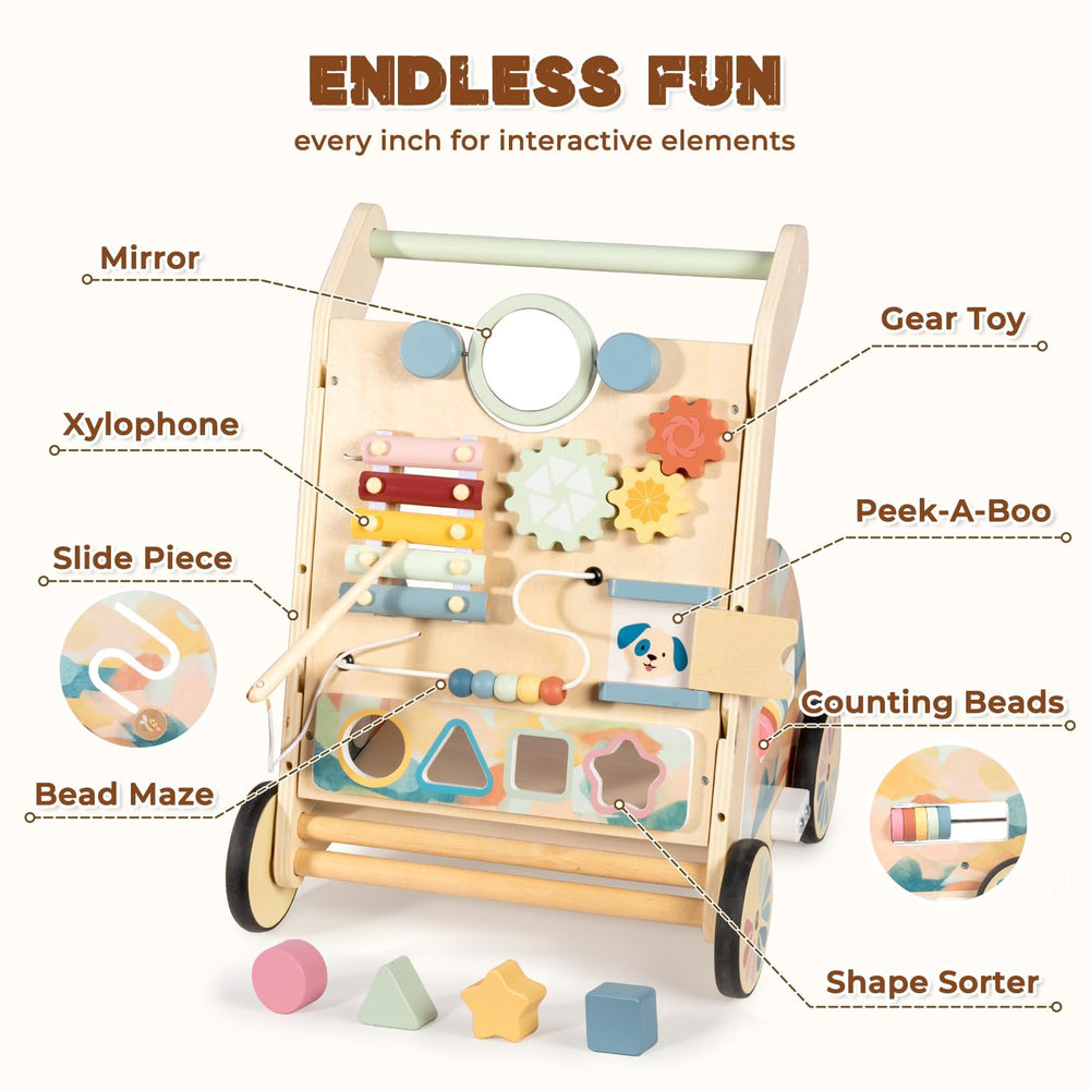 LOL-FUN walker with mirror, gear toy, and xylophone boosts sensory exploration.