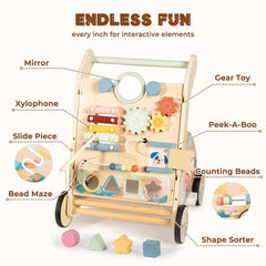 LOL-FUN walker with mirror, gear toy, and xylophone boosts sensory exploration.