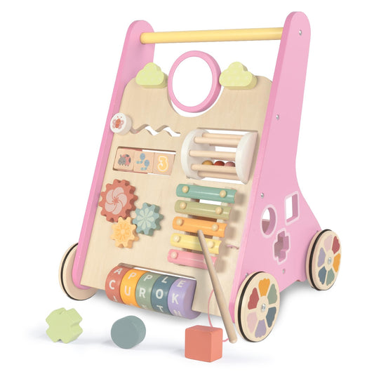 LOL-FUN wooden baby walker pink front view highlights activity center for learning