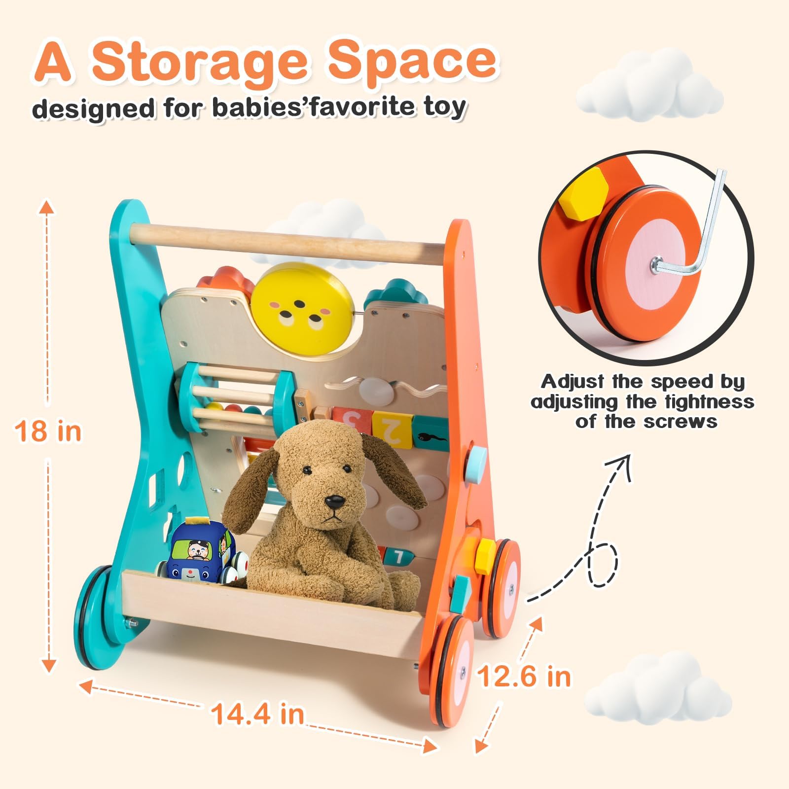 LOL-FUN wooden walker with rubber wheels protects floors while exploring.