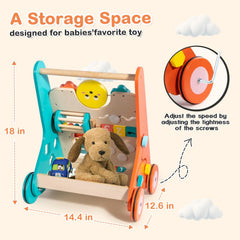LOL-FUN wooden walker with rubber wheels protects floors while exploring.