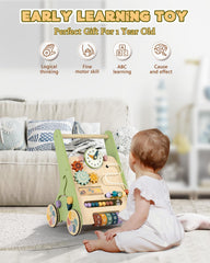 LOL-FUN wooden baby walker shape sorter and wheels in use.