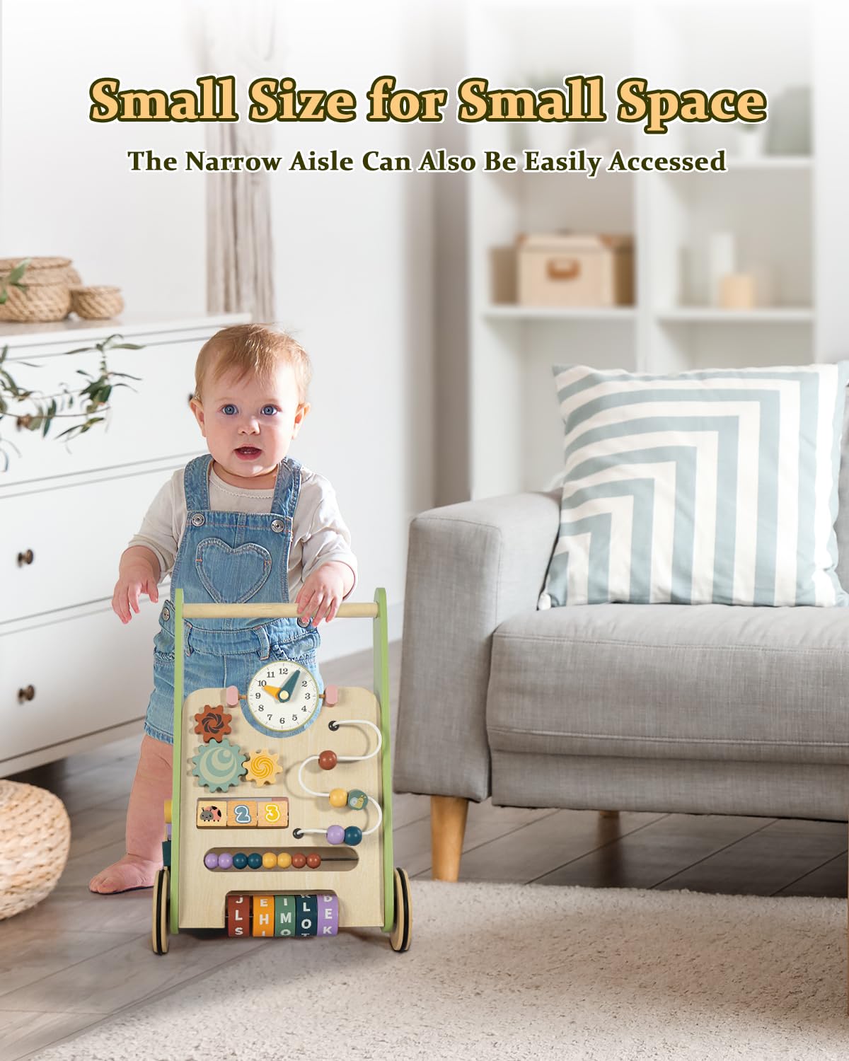 LOL-FUN wooden baby walker side view highlighting compact design for small spaces.