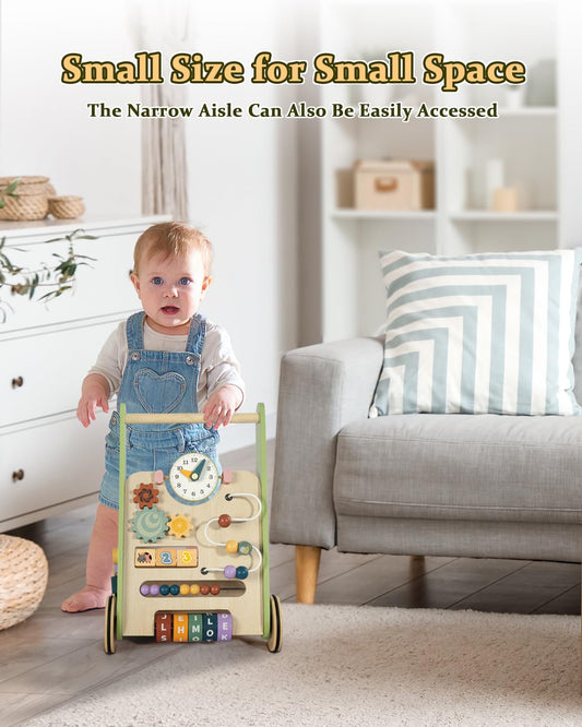 LOL-FUN wooden baby walker side view highlighting compact design for small spaces.