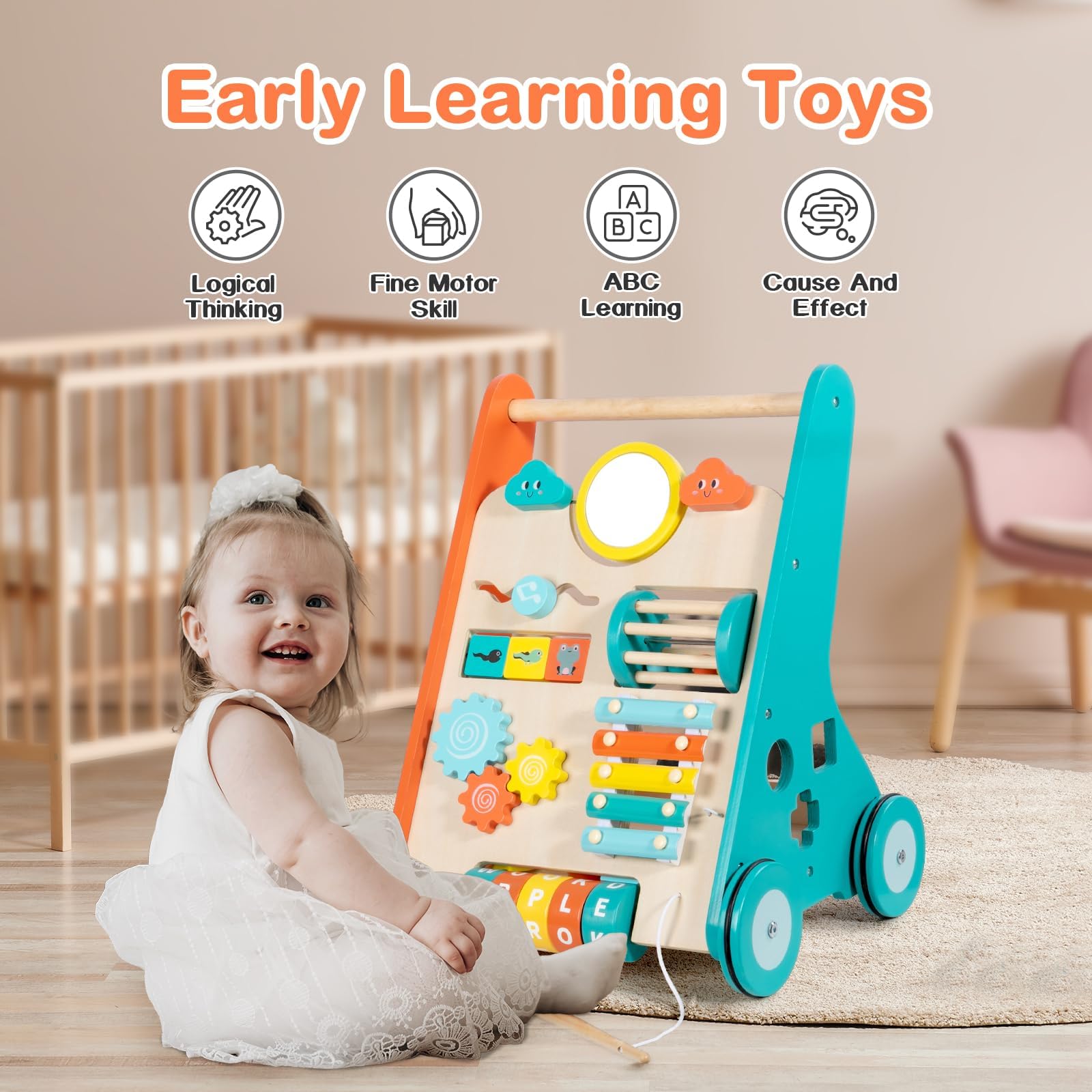 LOL-FUN wooden baby walker sit-to-stand feature supports safe transitions.