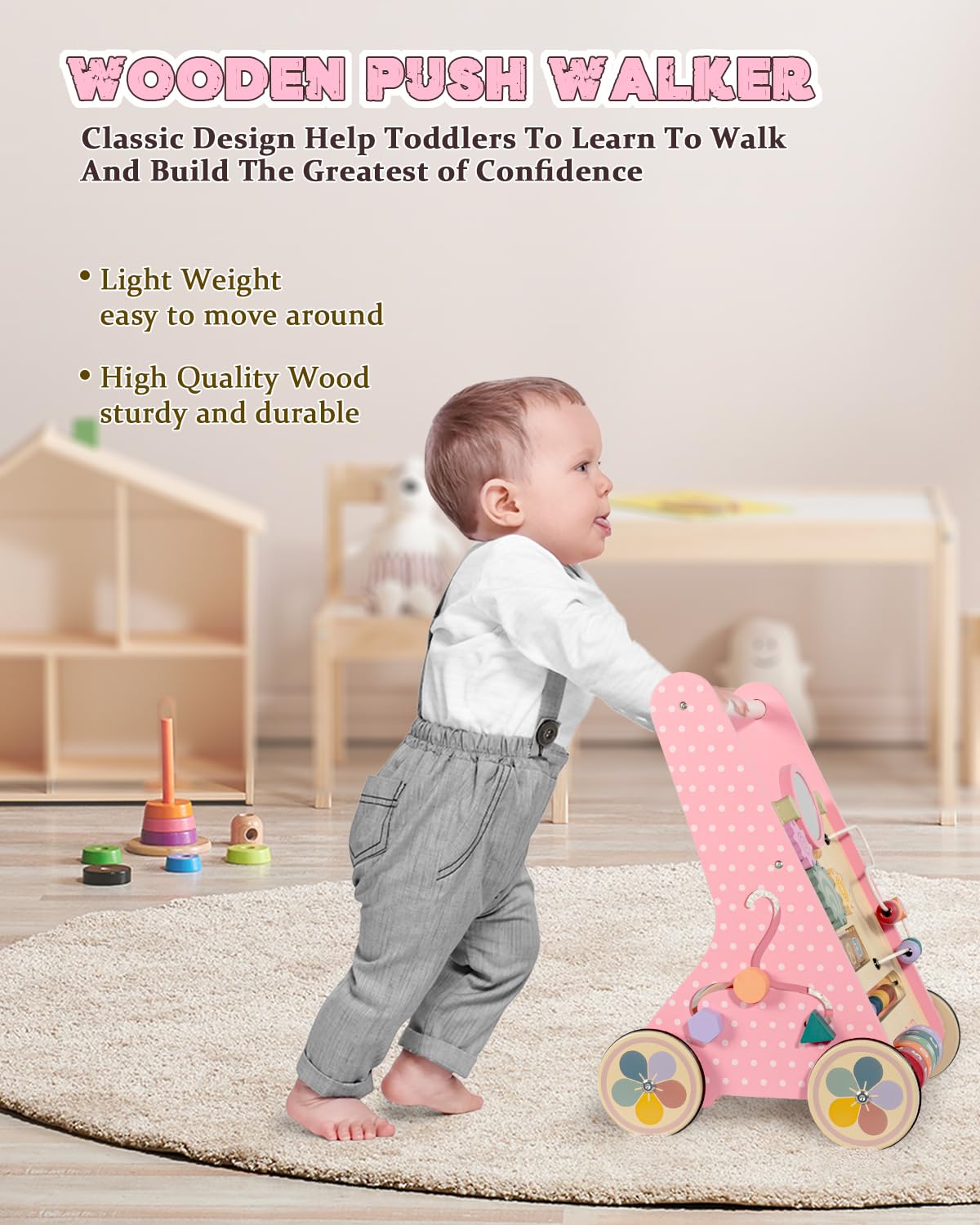LOL-FUN wooden baby walker soothing colors reduce visual strain during play sessions.