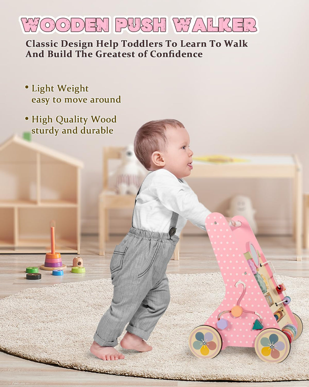 LOL-FUN wooden baby walker soothing colors reduce visual strain during play sessions.