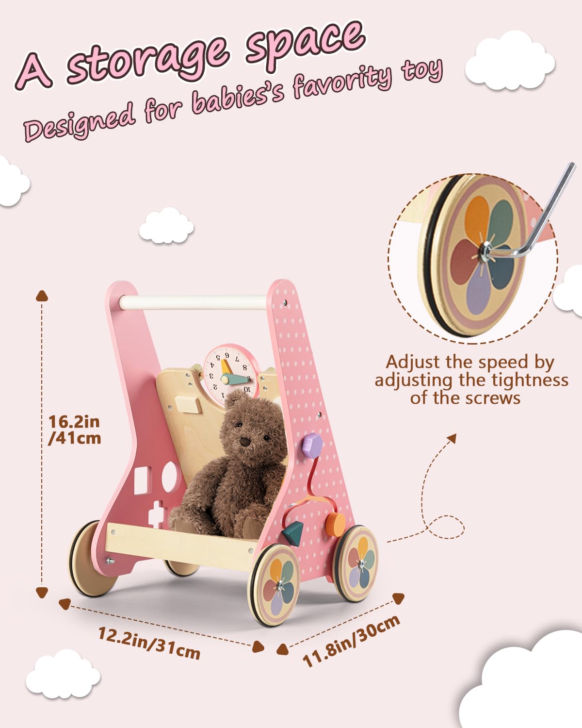 LOL-FUN wooden baby walker storage back panel keeps toys organized during playtime.