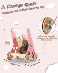 LOL-FUN wooden baby walker storage back panel keeps toys organized during playtime.