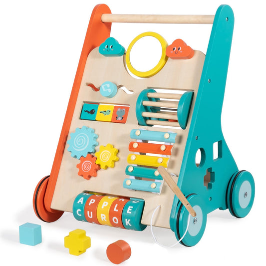 LOL-FUN wooden baby walker with wheels supports early steps on floor-friendly design.