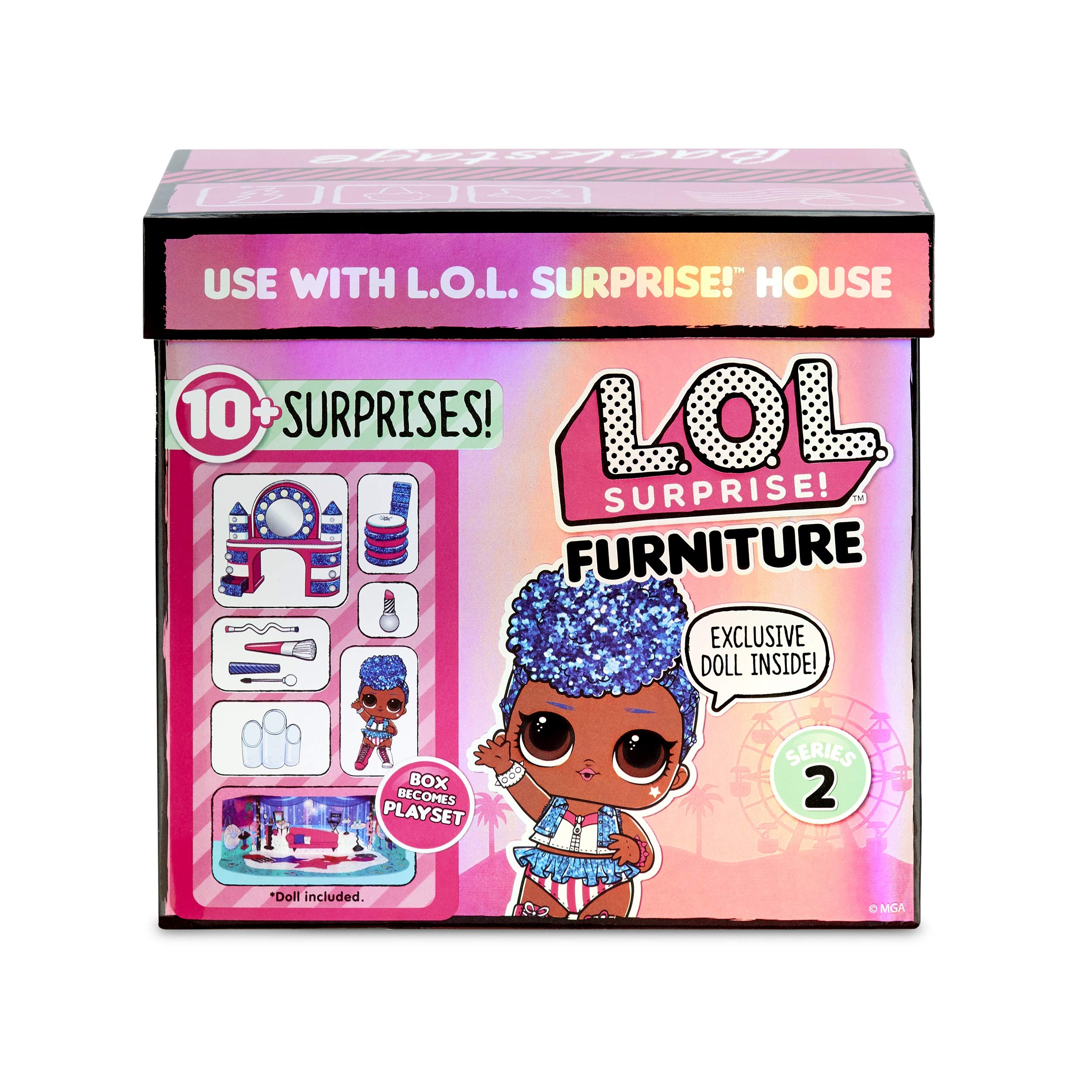 L.O.L. Surprise! Backstage makeover vanity with mirror supports stylish doll styling.