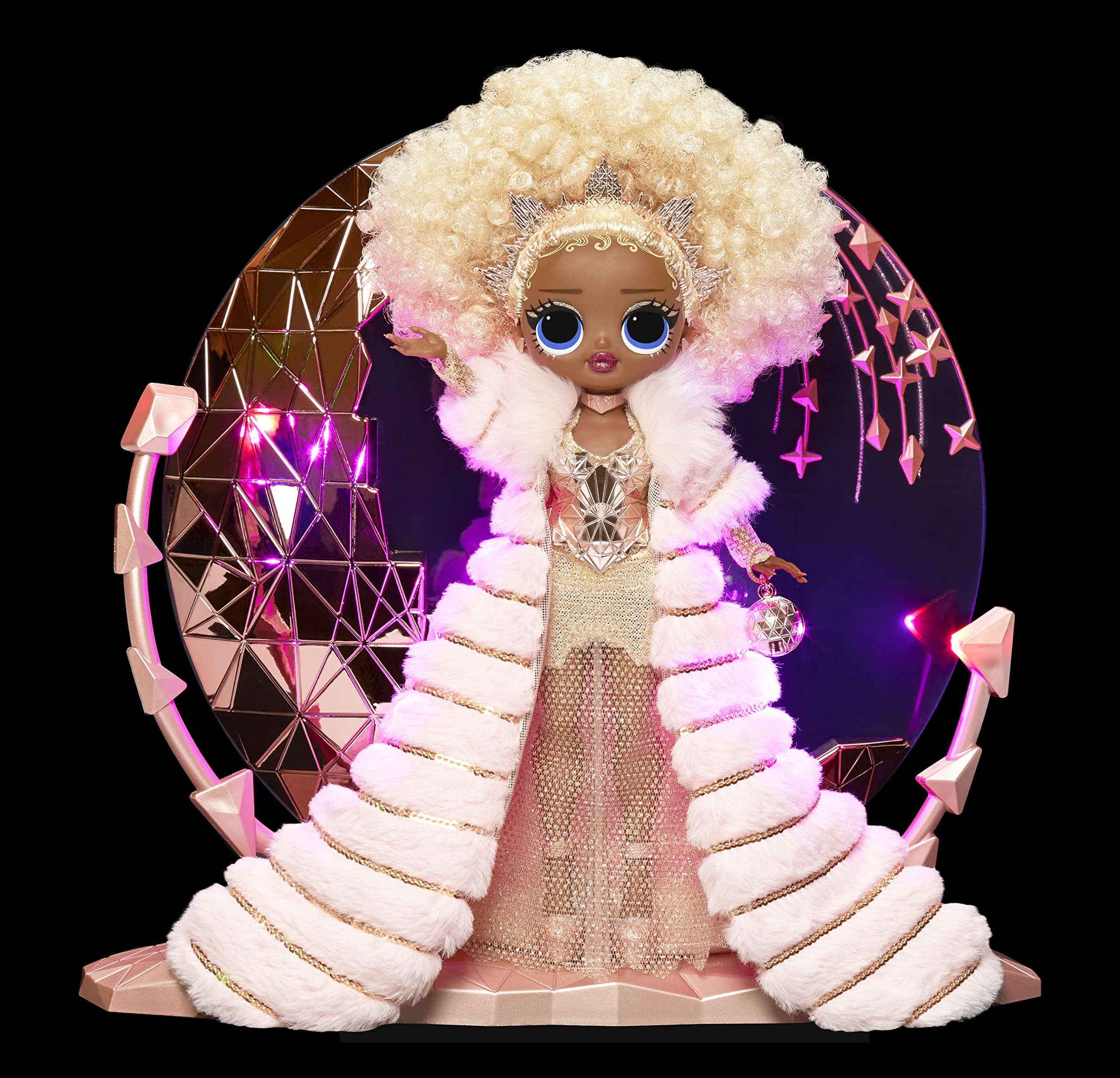 LOL Surprise NYE Queen light-up stand complements display setups.