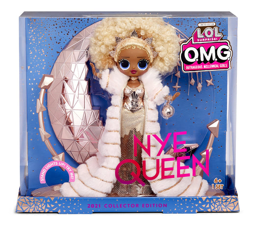 LOL Surprise NYE Queen in gold fashion with glittery detailing for festive pretend play.