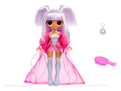 LOL Surprise OMG Bubblegum DJ action shot with vibrant hair and music-themed outfit