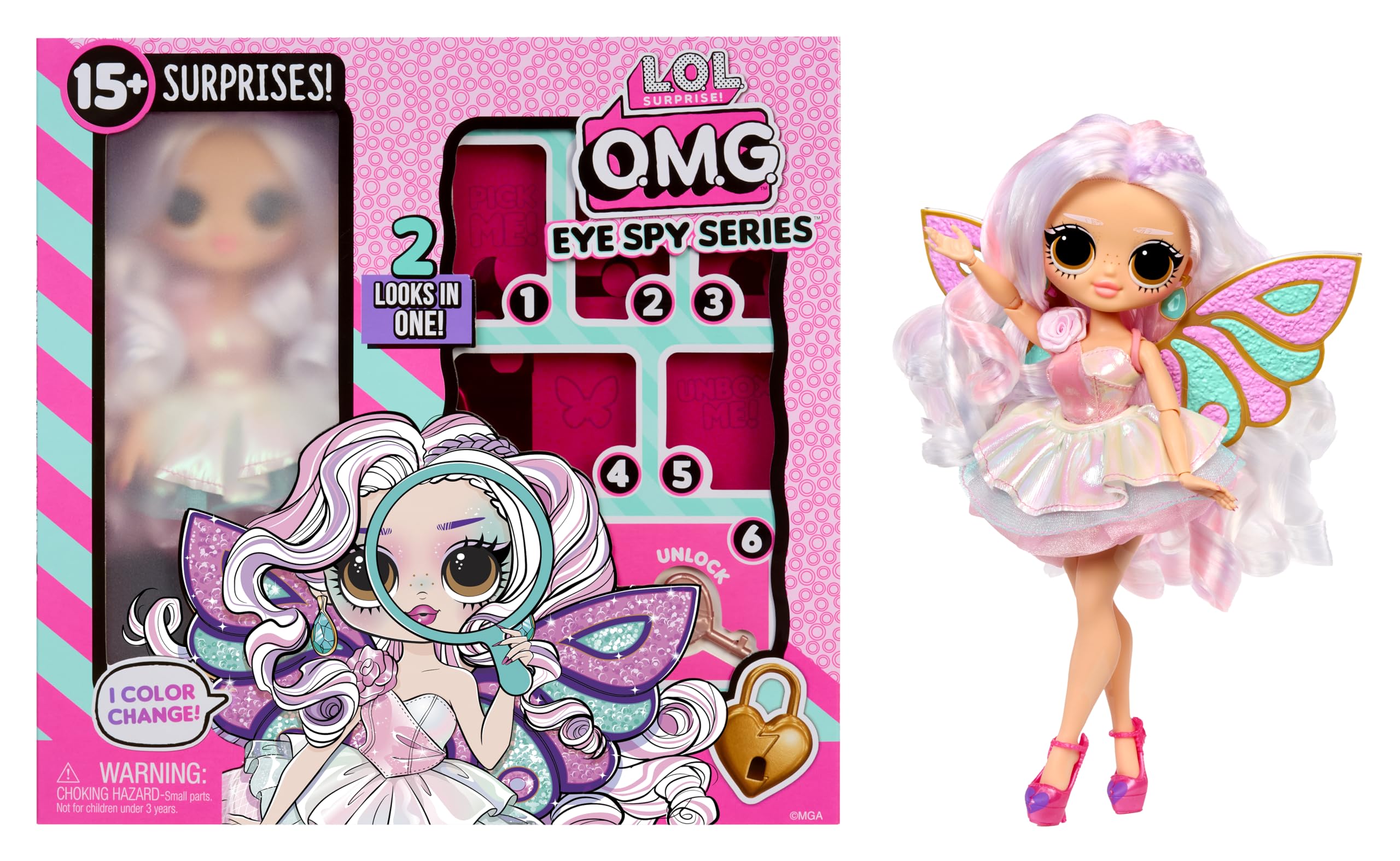 L.O.L. Surprise! OMG Eye Spy Fairy showcases four styles: Spy, Superhero, Fairy, Rockstar.